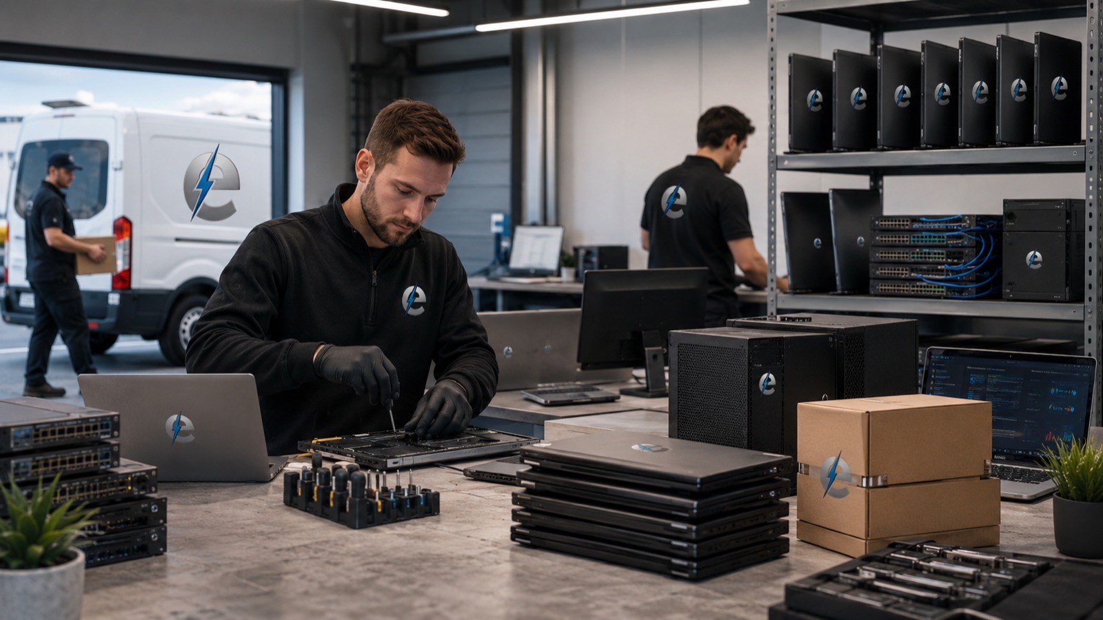 Elecrics technicians preparing and configuring business laptops in the workshop