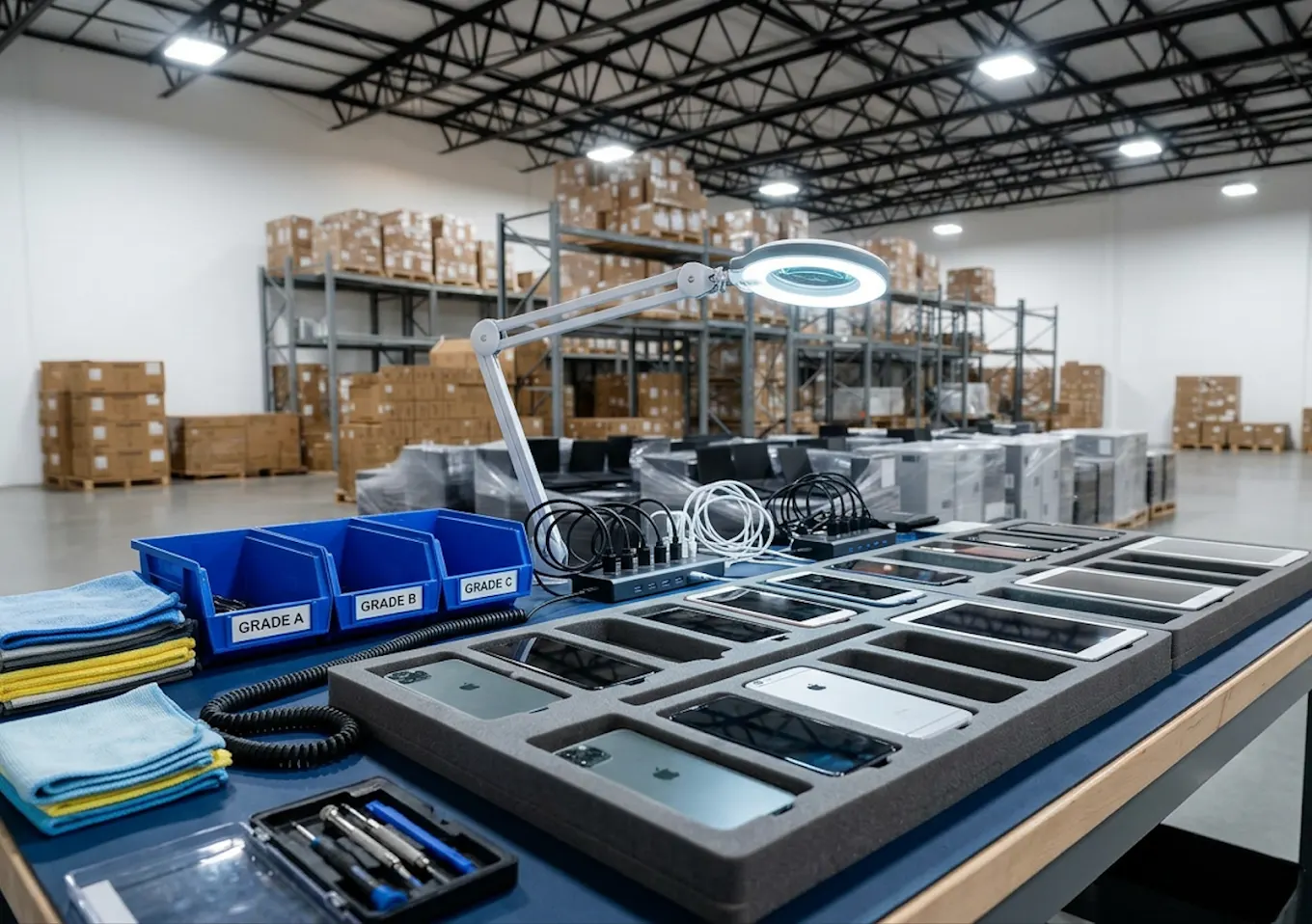 Devices being inspected and graded A / B / C at the testing bench